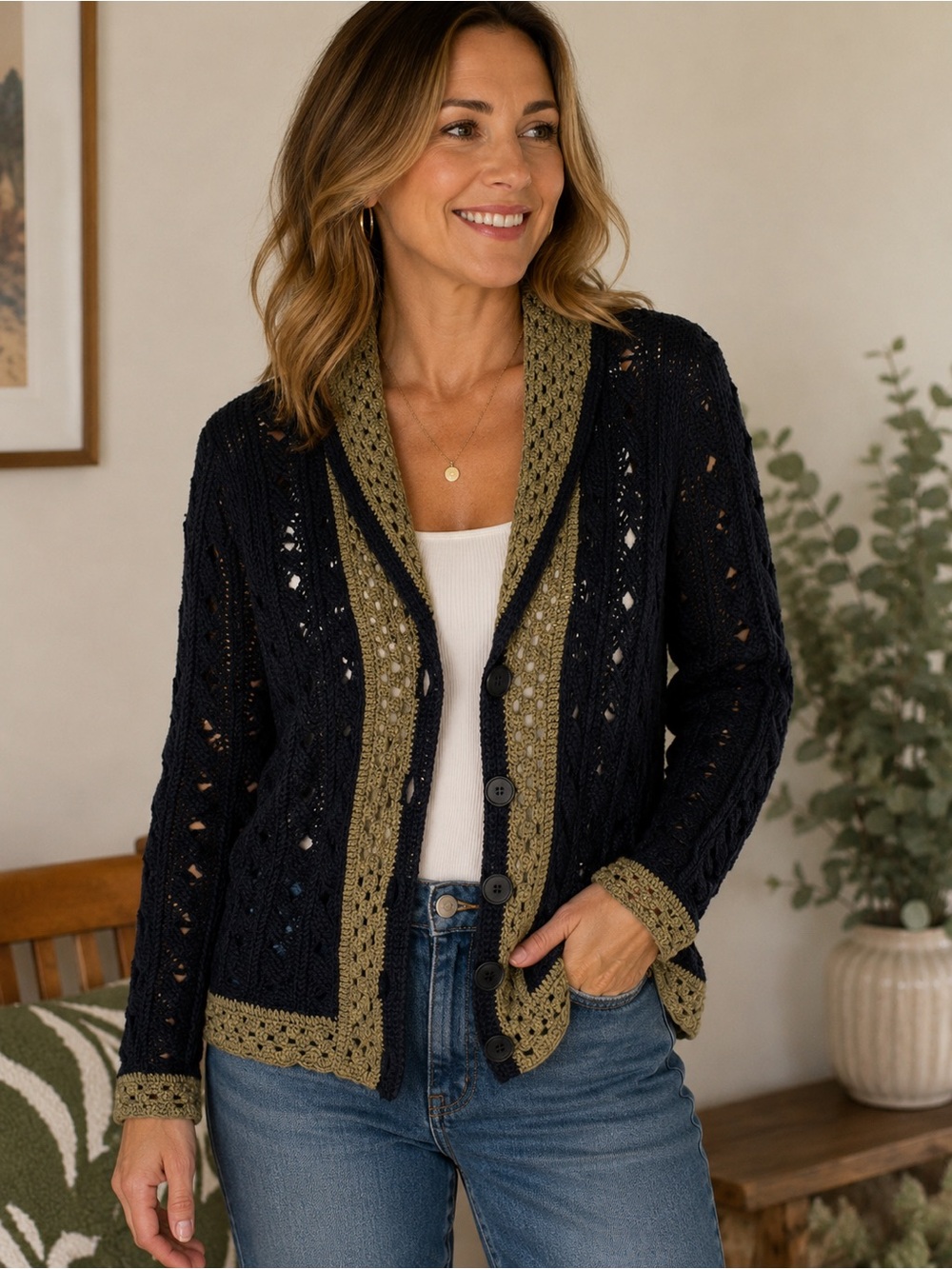 Title: Catherine Malandrino Crochet Cardigan black Olive Trim Button Front M